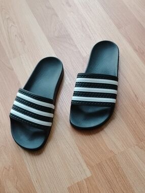 adidas Black Slide Sandals with White Stripes